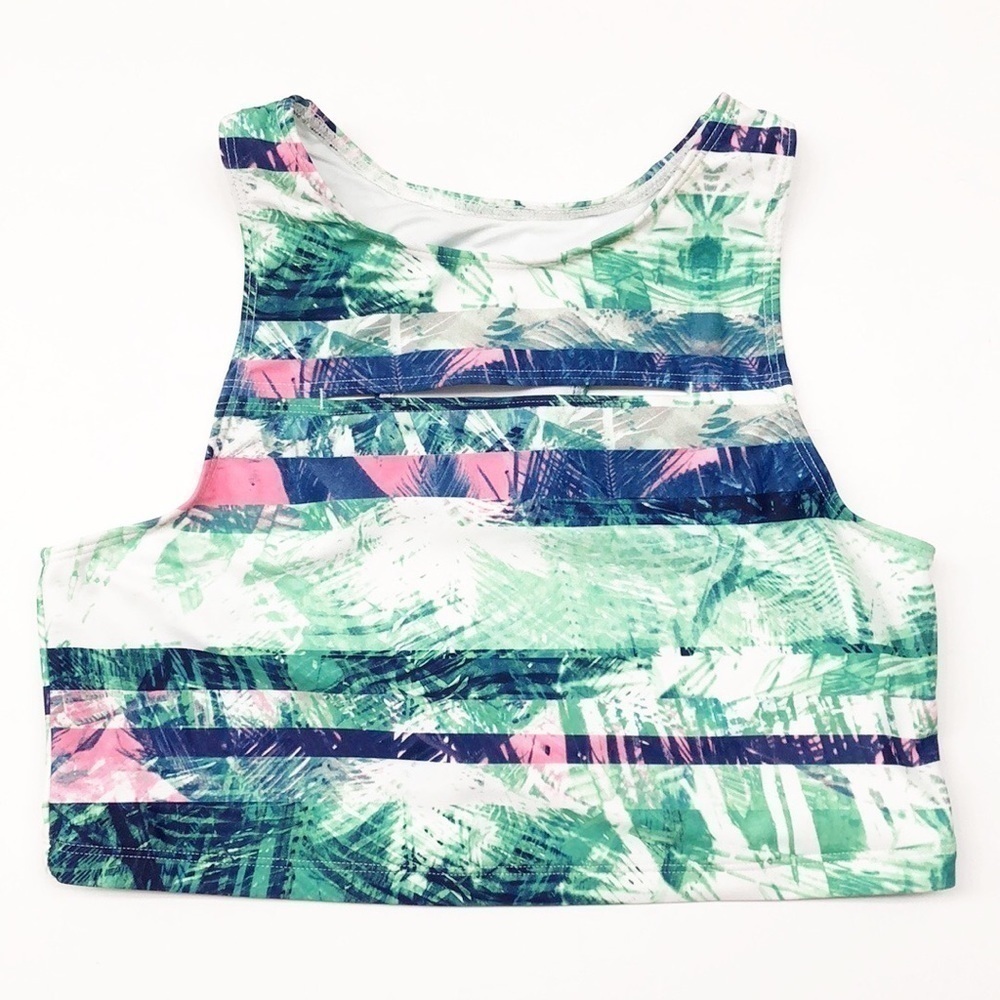 Zella Girl abstract palm leaf girls swim top
